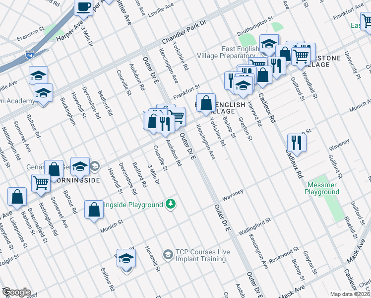 map of restaurants, bars, coffee shops, grocery stores, and more near 4828 Audubon Road in Detroit