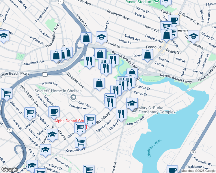 map of restaurants, bars, coffee shops, grocery stores, and more near 100 Stockton Street in Chelsea