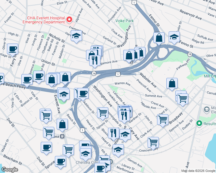 map of restaurants, bars, coffee shops, grocery stores, and more near 70 Lafayette Avenue in Chelsea