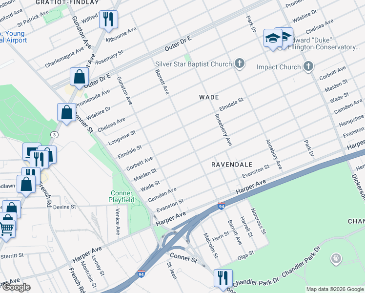 map of restaurants, bars, coffee shops, grocery stores, and more near 11815 Maiden Street in Detroit
