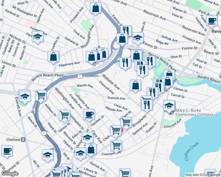 map of restaurants, bars, coffee shops, grocery stores, and more near 40 Prescott Avenue in Chelsea