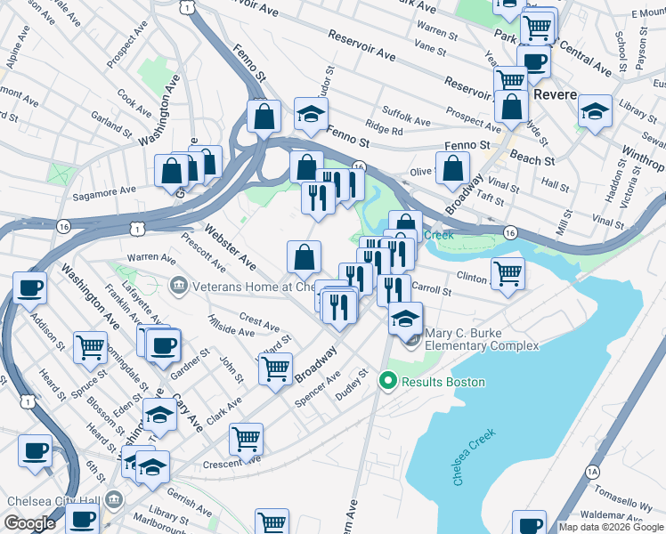map of restaurants, bars, coffee shops, grocery stores, and more near 100 Stockton Street in Chelsea