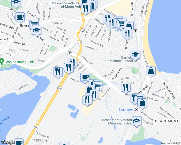 map of restaurants, bars, coffee shops, grocery stores, and more near 16 Pratt Place in Revere