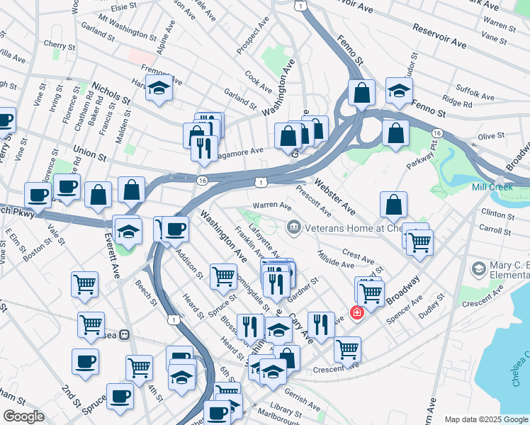 map of restaurants, bars, coffee shops, grocery stores, and more near 161 Summit Avenue in Chelsea