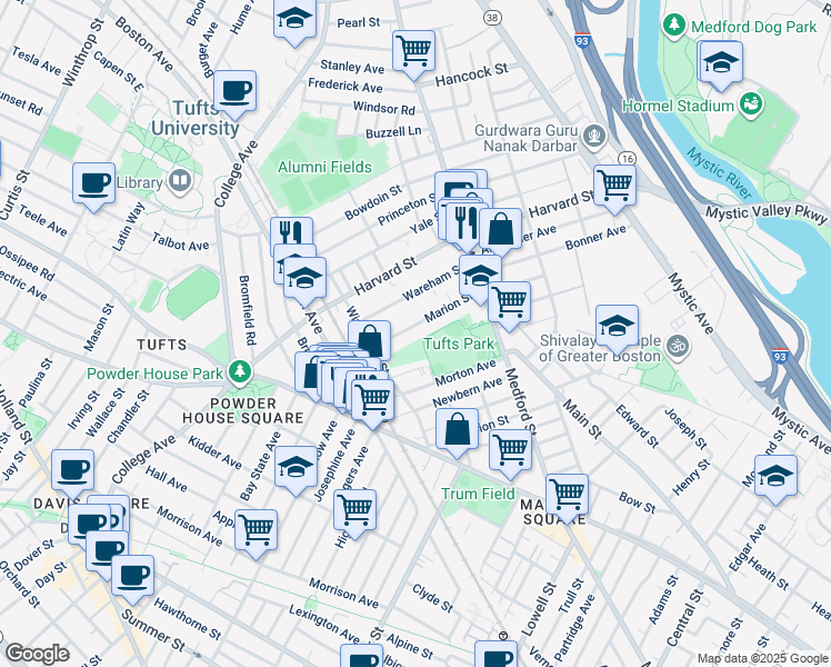 map of restaurants, bars, coffee shops, grocery stores, and more near 70 Marion Street in Medford