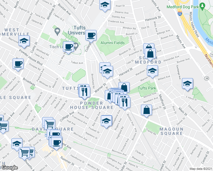 map of restaurants, bars, coffee shops, grocery stores, and more near 601 Boston Avenue in Medford