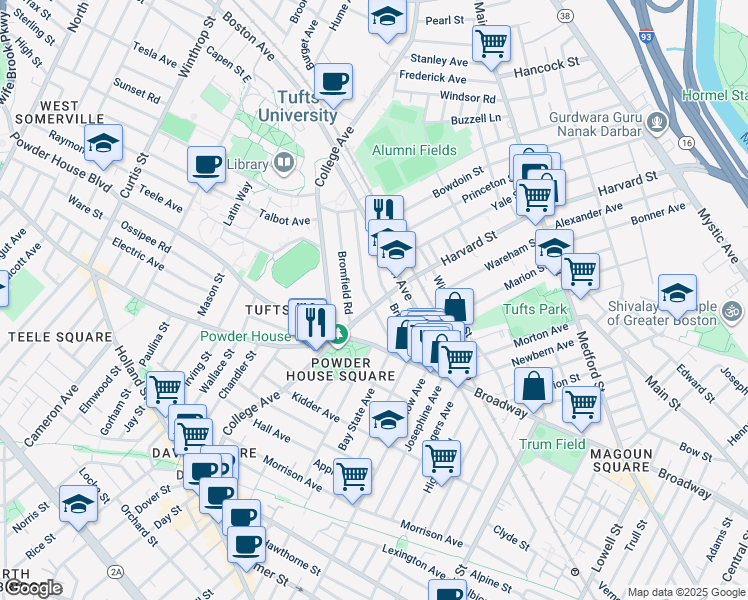 map of restaurants, bars, coffee shops, grocery stores, and more near 37 Warner Street in Somerville
