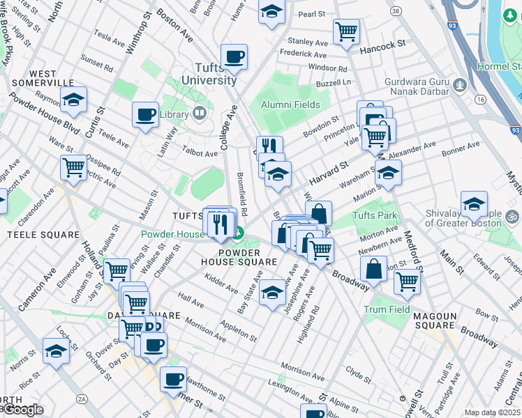 map of restaurants, bars, coffee shops, grocery stores, and more near 37 Warner Street in Somerville