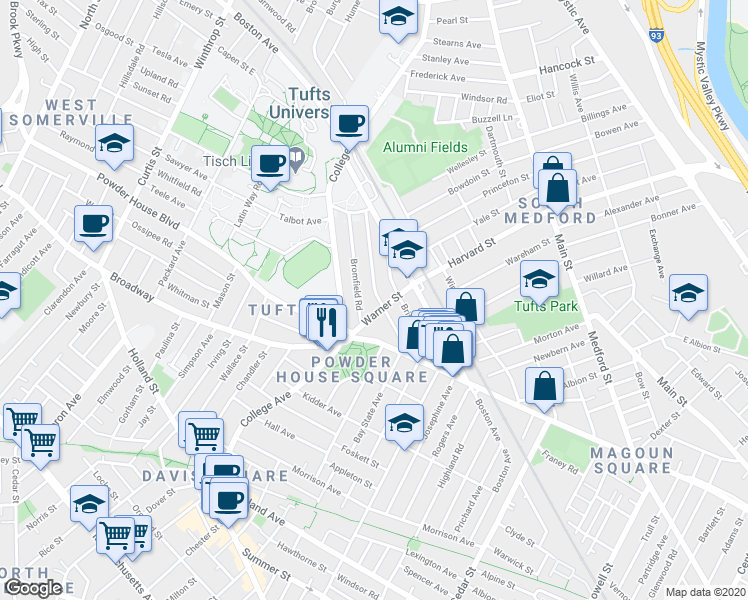 map of restaurants, bars, coffee shops, grocery stores, and more near 37 Warner Street in Somerville
