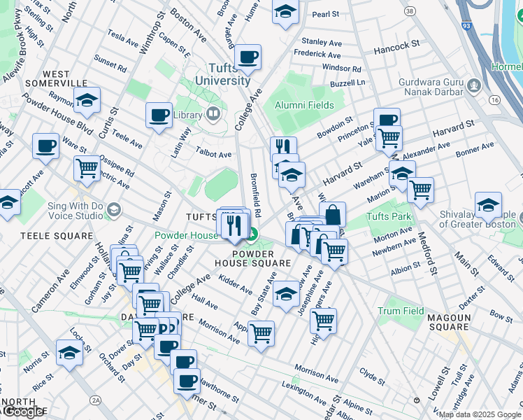 map of restaurants, bars, coffee shops, grocery stores, and more near 153 College Avenue in Somerville