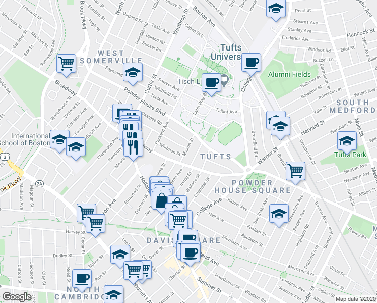 map of restaurants, bars, coffee shops, grocery stores, and more near 2 Whitman Street in Somerville