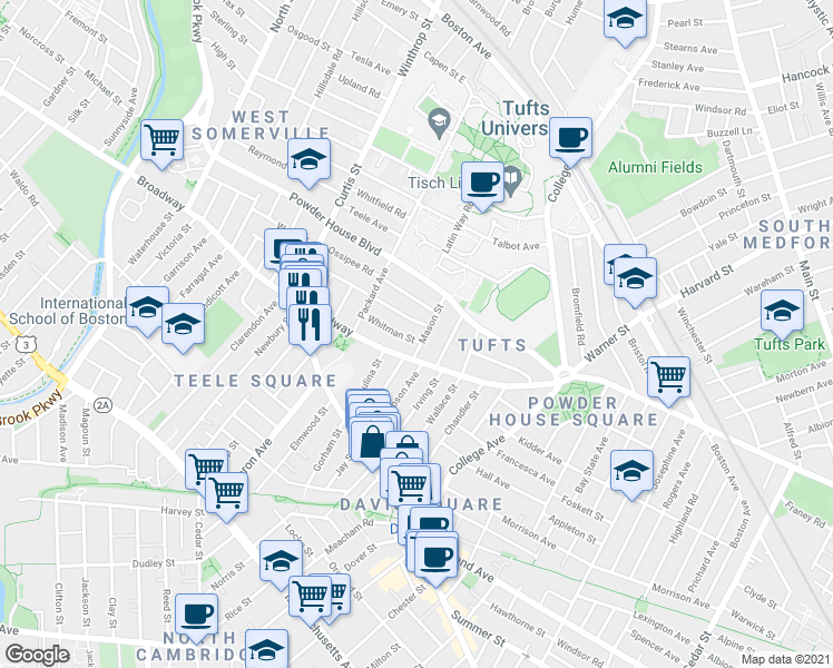 map of restaurants, bars, coffee shops, grocery stores, and more near 2 Whitman Street in Somerville