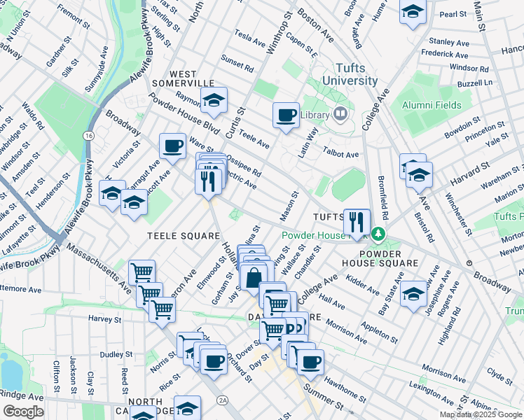 map of restaurants, bars, coffee shops, grocery stores, and more near 1043 Broadway in Somerville
