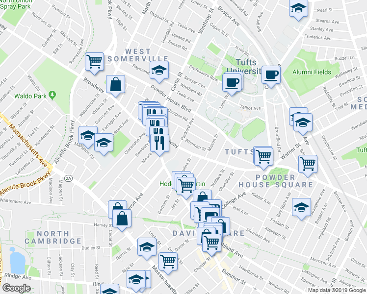 map of restaurants, bars, coffee shops, grocery stores, and more near 1043 Broadway in Somerville