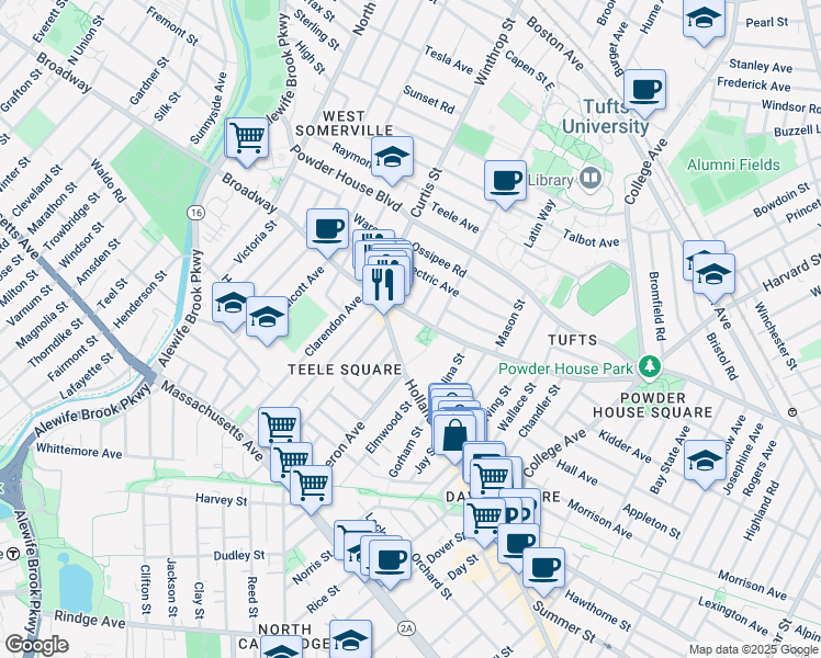 map of restaurants, bars, coffee shops, grocery stores, and more near 1060 Broadway in Somerville