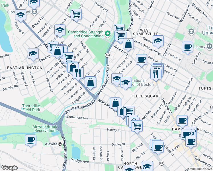 map of restaurants, bars, coffee shops, grocery stores, and more near 24 Alewife Brook Parkway in Cambridge