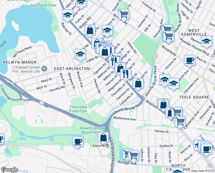 map of restaurants, bars, coffee shops, grocery stores, and more near 64-66 Varnum Street in Arlington