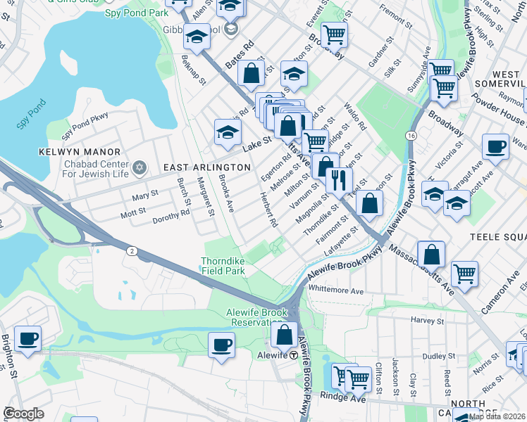 map of restaurants, bars, coffee shops, grocery stores, and more near 88 Milton Street in Arlington