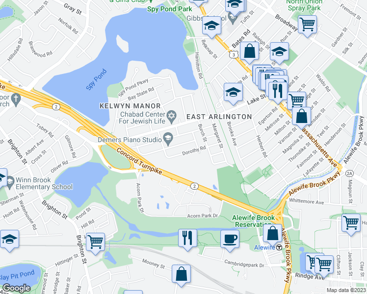 map of restaurants, bars, coffee shops, grocery stores, and more near 57 Dorothy Road in Arlington