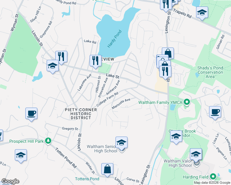 map of restaurants, bars, coffee shops, grocery stores, and more near 194 College Farm Road in Waltham