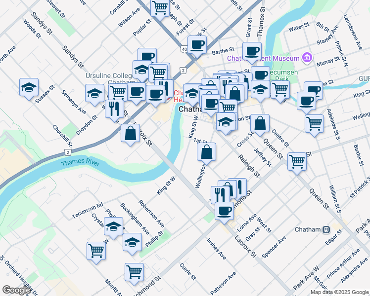 map of restaurants, bars, coffee shops, grocery stores, and more near 407 King Street West in Chatham