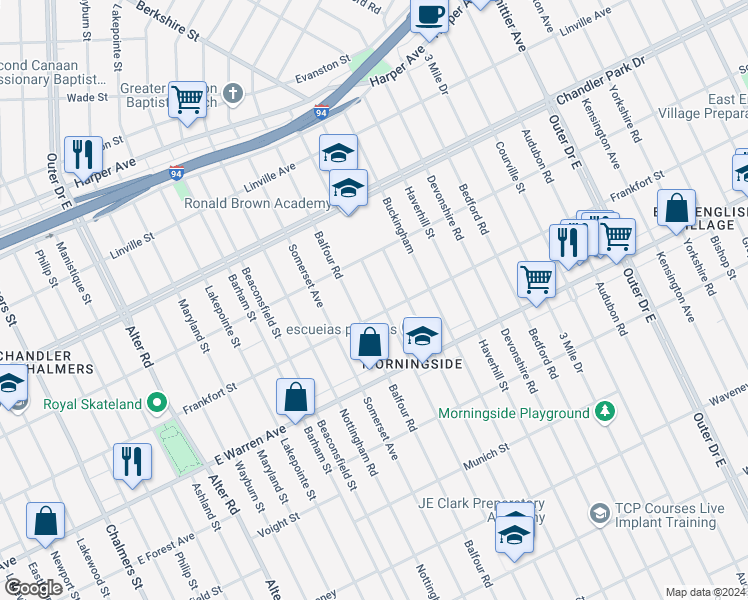 map of restaurants, bars, coffee shops, grocery stores, and more near 5201 Chatsworth Street in Detroit