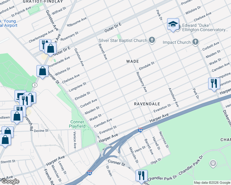 map of restaurants, bars, coffee shops, grocery stores, and more near 11815 Maiden Street in Detroit