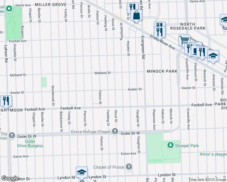 map of restaurants, bars, coffee shops, grocery stores, and more near 15377 Stout Street in Detroit