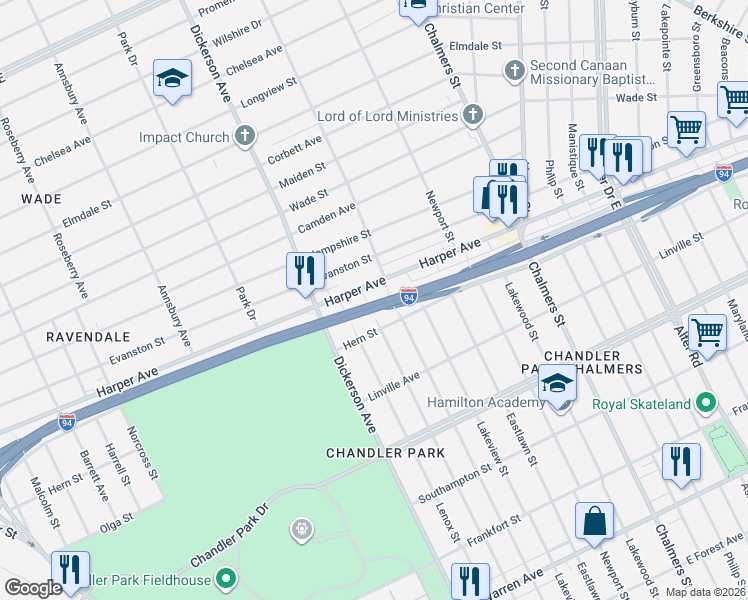 map of restaurants, bars, coffee shops, grocery stores, and more near 6140 Drexel Street in Detroit