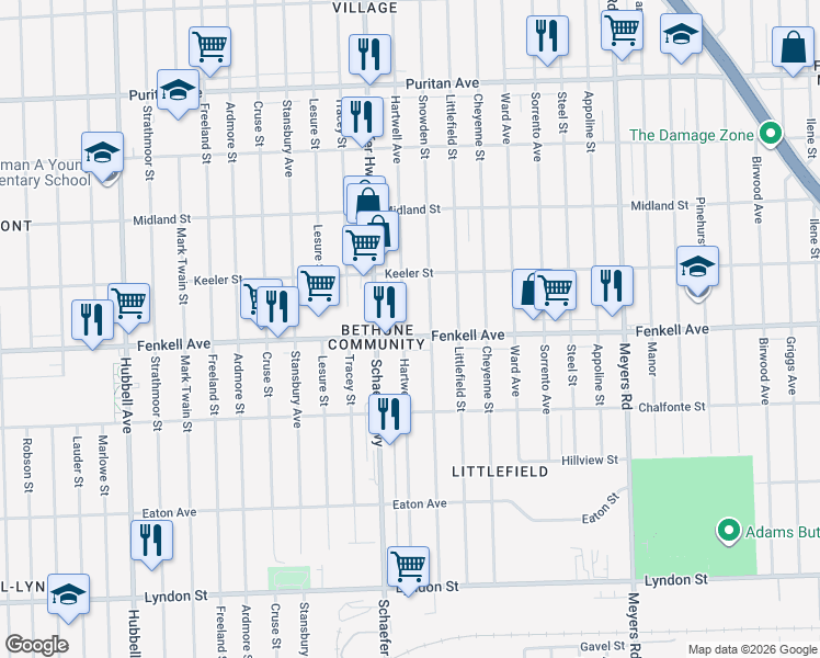 map of restaurants, bars, coffee shops, grocery stores, and more near 13501 Fenkell Avenue in Detroit