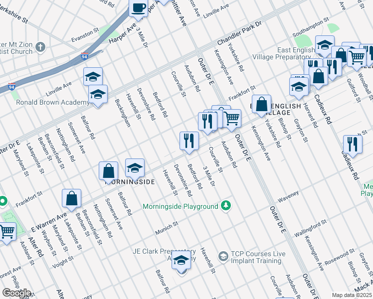 map of restaurants, bars, coffee shops, grocery stores, and more near 16131 East Warren Avenue in Detroit