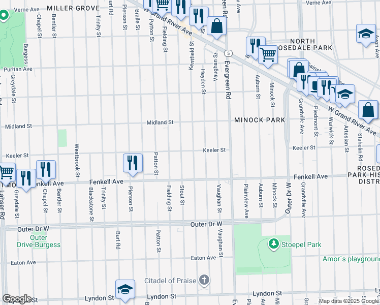 map of restaurants, bars, coffee shops, grocery stores, and more near 15377 Kentfield Street in Detroit