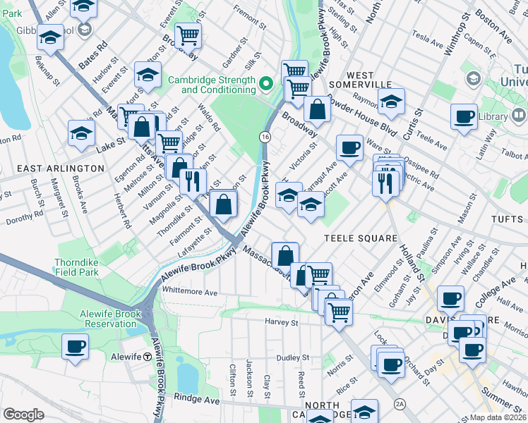 map of restaurants, bars, coffee shops, grocery stores, and more near 24 Alewife Brook Parkway in Cambridge
