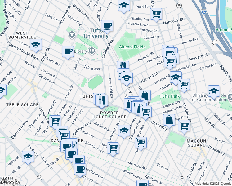 map of restaurants, bars, coffee shops, grocery stores, and more near 37 Warner Street in Somerville