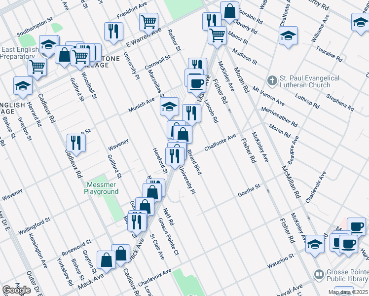 map of restaurants, bars, coffee shops, grocery stores, and more near 17750 Mack Avenue in Grosse Pointe