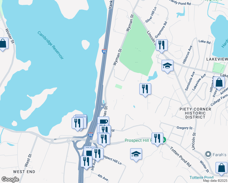 map of restaurants, bars, coffee shops, grocery stores, and more near 175 Wyman Street in Waltham