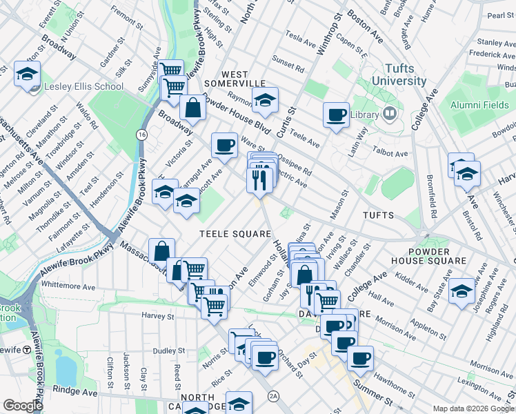 map of restaurants, bars, coffee shops, grocery stores, and more near 12 Moore Street in Somerville
