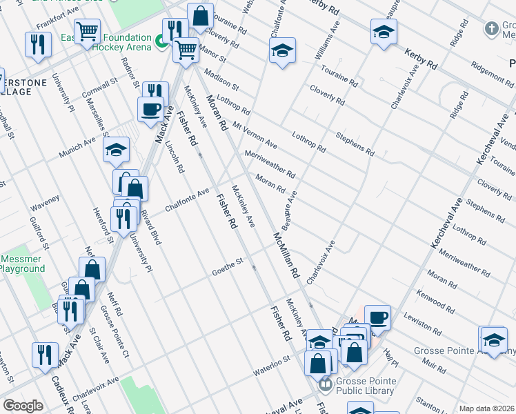 map of restaurants, bars, coffee shops, grocery stores, and more near 333 McMillan Road in Grosse Pointe Farms