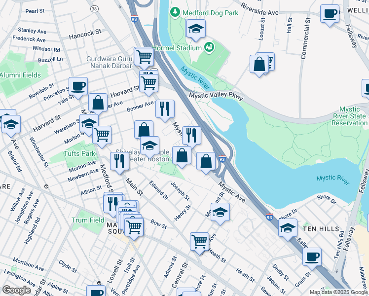map of restaurants, bars, coffee shops, grocery stores, and more near 365 Mystic Avenue in Medford