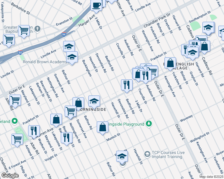 map of restaurants, bars, coffee shops, grocery stores, and more near 5027 Devonshire Road in Detroit