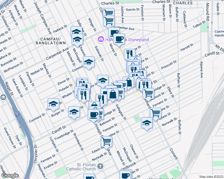map of restaurants, bars, coffee shops, grocery stores, and more near 11350 Gallagher Street in Hamtramck