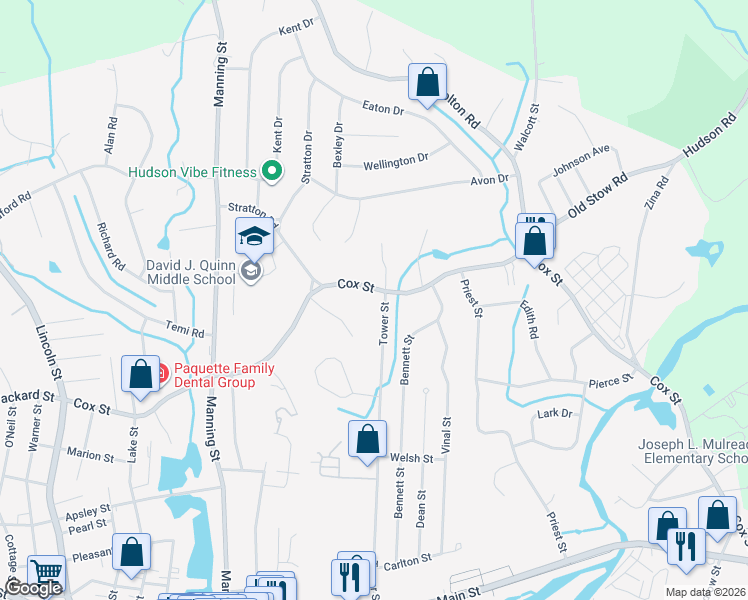 map of restaurants, bars, coffee shops, grocery stores, and more near 183 Cox Street in Hudson