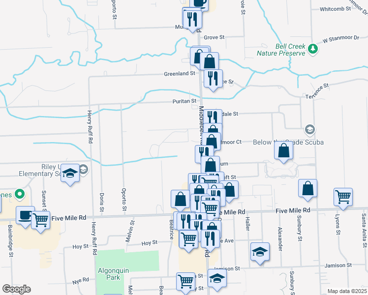 map of restaurants, bars, coffee shops, grocery stores, and more near 15775 Middlebelt Road in Livonia