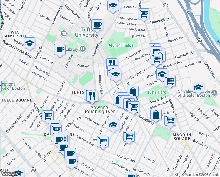 map of restaurants, bars, coffee shops, grocery stores, and more near 37 Warner Street in Somerville
