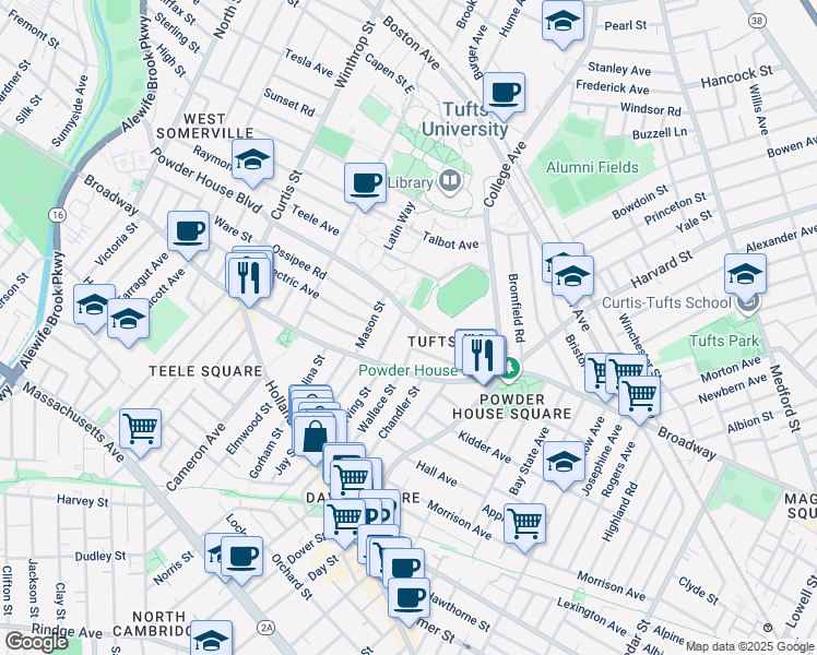 map of restaurants, bars, coffee shops, grocery stores, and more near 27 Burnham Street in Somerville