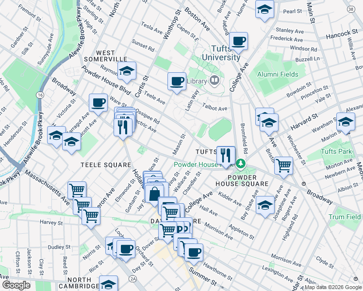 map of restaurants, bars, coffee shops, grocery stores, and more near 2 Whitman Street in Somerville