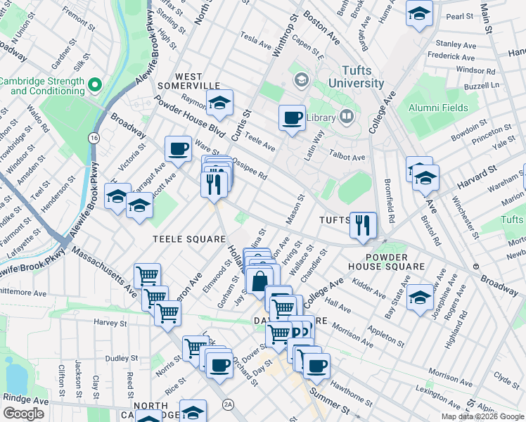 map of restaurants, bars, coffee shops, grocery stores, and more near 1043 Broadway in Somerville