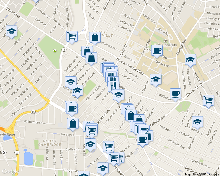 map of restaurants, bars, coffee shops, grocery stores, and more near 12 Moore Street in Somerville