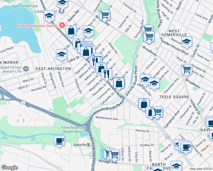 map of restaurants, bars, coffee shops, grocery stores, and more near 14-16 Thorndike Street in Arlington