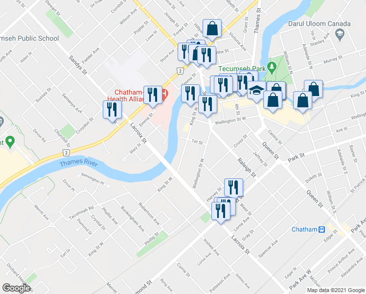 map of restaurants, bars, coffee shops, grocery stores, and more near 407 King Street West in Chatham